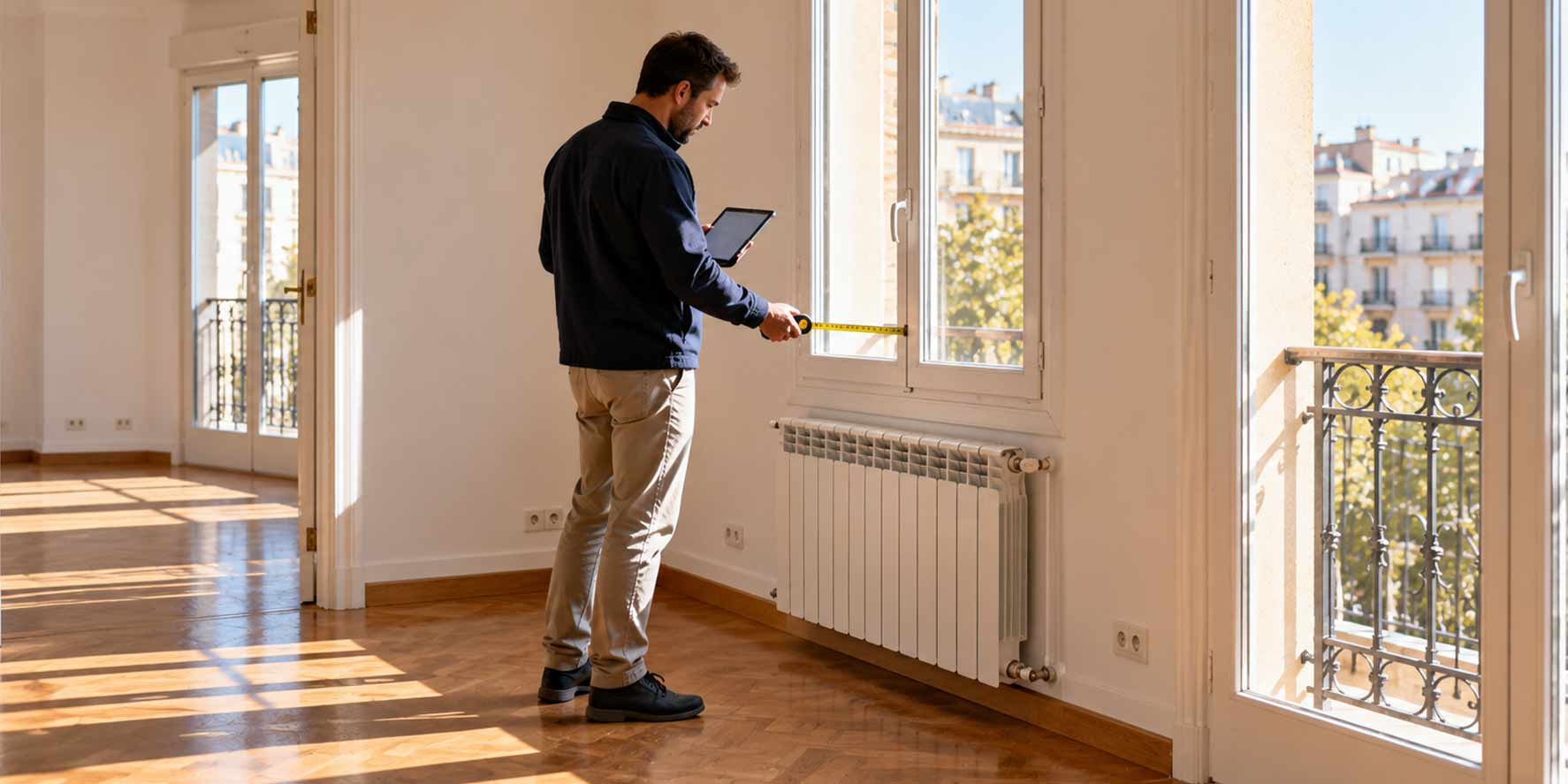 Técnico revisando la eficiencia energética de un piso en Madrid